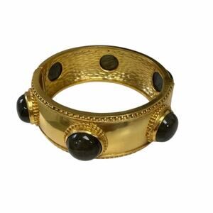Julie Vos 24K Gold Plated Dark Green Stone Statement Hinge Bangle Bracelet